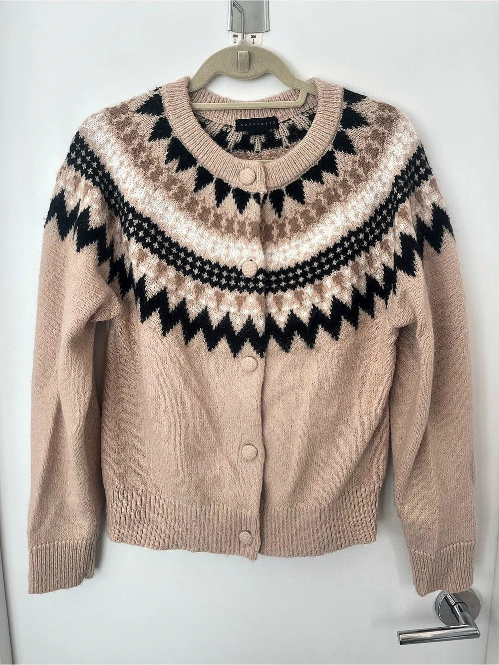 Sanctuary Fair Isle Crew Neck Cardigan Sweater in Pink & Black